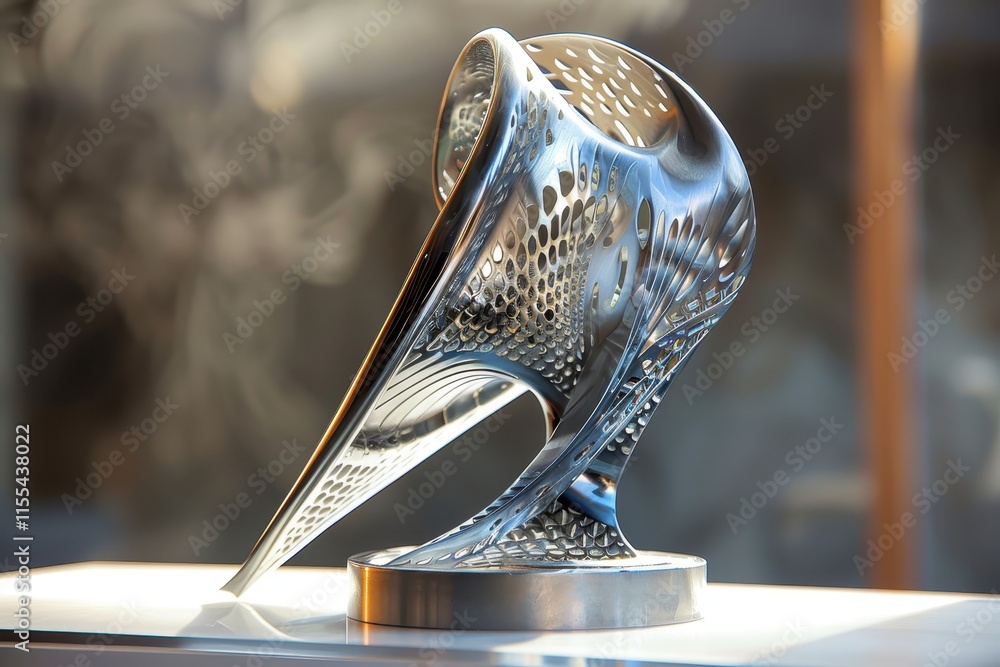 Aufkleber Shiny abstract sculpture displaying dynamic curves and reflections in an outdoor setting with a marble backdrop