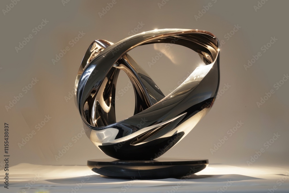 Aufkleber Shiny abstract sculpture displaying dynamic curves and reflections in an outdoor setting with a marble backdrop