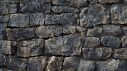 Fototapeta premium A close-up of a stone wall made of dark gray, irregularly shaped stones.