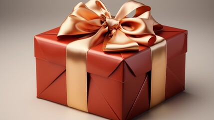 Obraz premium Red golden gift box with ribbon. Birthday present mockup. Closed square surprise box. Ideal for promotional campaigns