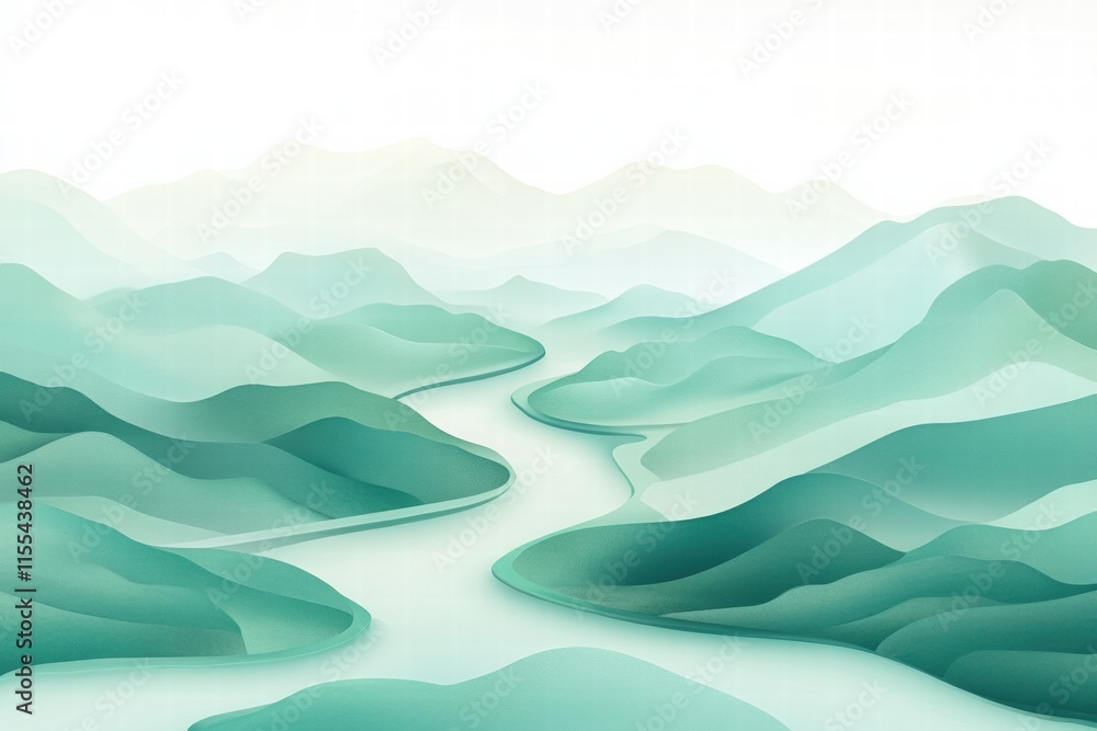 Poster mountain range with a winding river creating a tranquil landscape in minimalist design for text plac