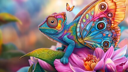 Obraz premium Whimsical Fusion of Chameleon and Butterfly Artistry
