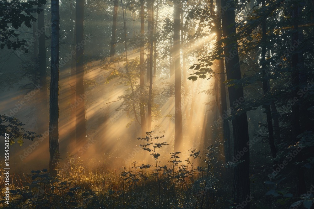 Aufkleber sunlight breaks through misty forest, illuminating trees and underbrush during early morning hours i