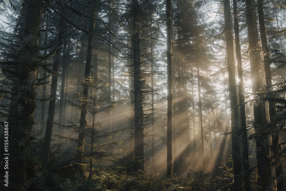 Aufkleber sunlight breaks through misty forest, illuminating trees and underbrush during early morning hours i