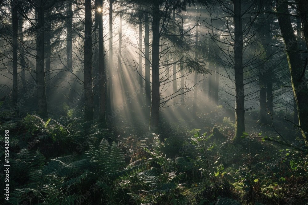 Aufkleber sunlight breaks through misty forest, illuminating trees and underbrush during early morning hours i