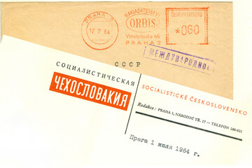 An old branded postal envelope from the editorial office of the magazine "Socialist Czechoslovakia" with a letterhead sent to the USSR in 1964.