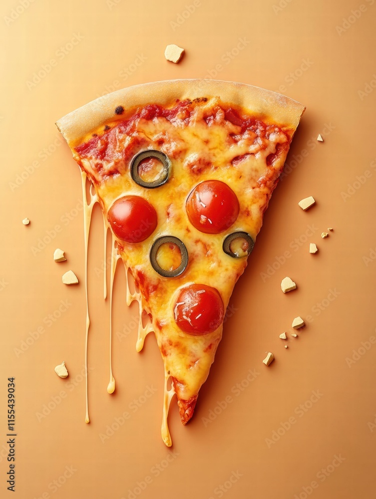 Aufkleber stylized pizza slice with cheese drips and vibrant toppings on minimalist background. generative ai