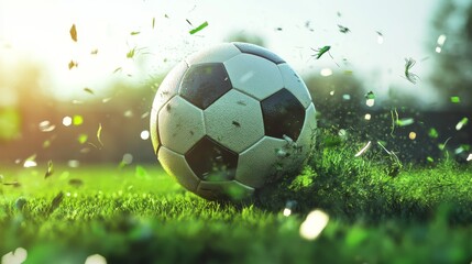 Naklejka premium A soccer ball is on a field with grass and debris