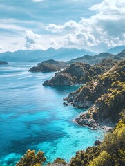 Obraz premium Breathtaking View of a Serene Mediterranean Coastline with Azure Waters and Lush Hills Under Clear Skies : Generative AI