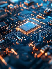 Obraz premium HighTech Microchip on Circuit Board with Illuminated Connections : Generative AI