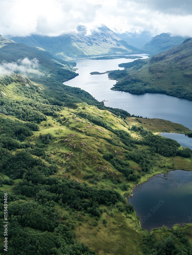 Poster scottish highlands aerial view capturing serene green valleys and mysterious lochs amidst rugged mou