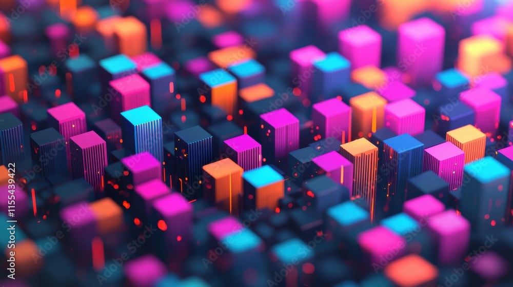 Poster glowing colorful cubes create a futuristic cityscape at night, representing innovation and technolog