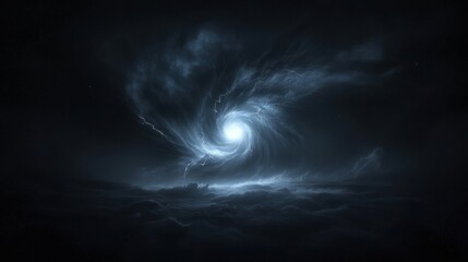 A black and white image of a swirling vortex of light and dark clouds