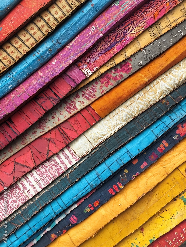 Poster vibrant colorful assorted textured fabrics in overlapping layers : generative ai