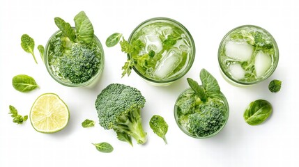 Broccoli vegetable with healthy broccoli drink and lime isolated on white background