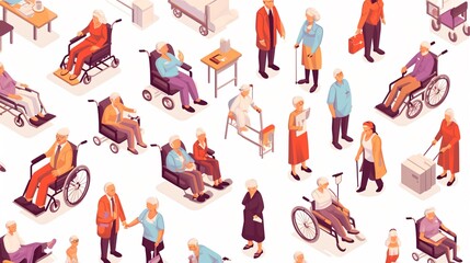 Isometric Illustration of Elderly People with Senior Nurse Helper