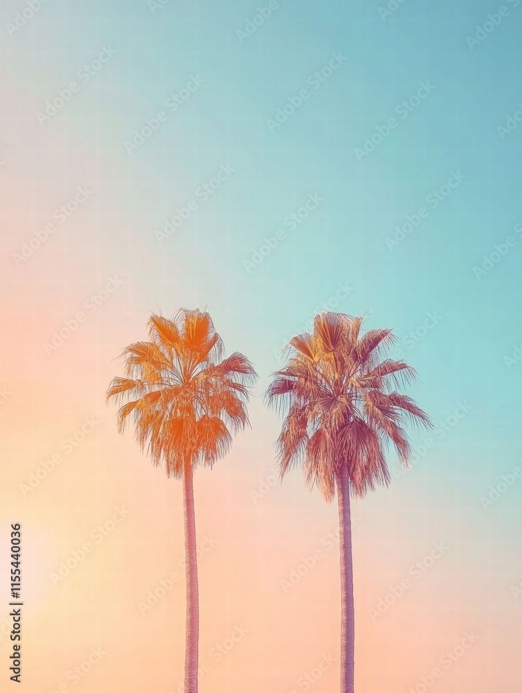 Poster palm trees basking under a warm sun with a pastel orange and blue gradient backdrop creating a seren
