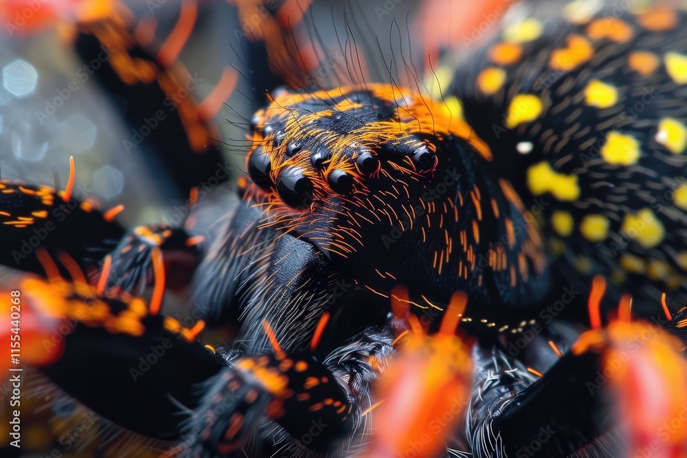 Poster close-up view of a vividly colored spider showcasing intricate details of its body and vibrant marki