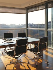 Professional bright conference room with expansive city view and stylish seating : Generative AI