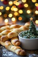 Festive Christmas Celebration: Soft Breadsticks Accompanied by Spinach Dip in a Cozy Atmosphere with Bokeh Lights and Holiday Spirit
