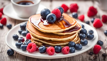 Pancakes with blueberries and raspberries on white wood
