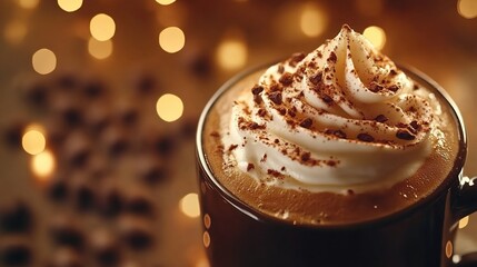 A close-up of the coffee mug, showcasing its rich texture and delicate swirls of cream on top