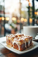 Soft Cinnamon Roll French Toast Bites on a White Plate with Coffee in a Cozy Cafe Setting Surrounded by Beautiful Bokeh Lights
