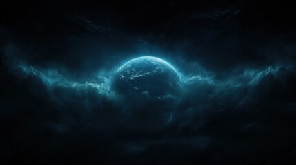 A blue planet in the middle of a dark sky