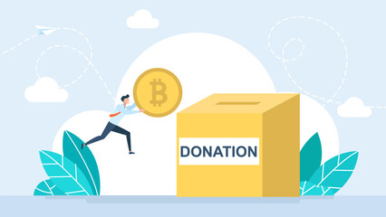 Cryptocurrency donation.Man holding cryptocurrency coins Bitcoin dropping them into a box marked Donation. Blockchain, cryptocurrency, investment, ICO, and fintech themes. Vector illustration 