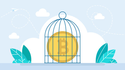 Bitcoin Ban. Arrest bills. Cartoon bitcoin in prison. Accounts are seized. Prohibition of trade in bitcoins. Cryptocurrency regulation, government try to control crypto. Vector illustration