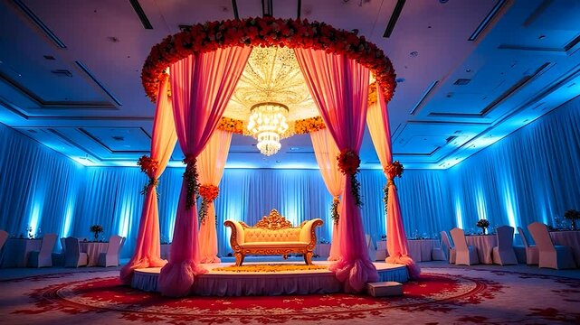 Wedding Mandap with Pink Drapes and Chandelier