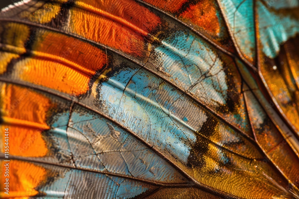 Poster detailed close-up of vibrant butterfly wing showcasing bright colors and intricate patterns in natur