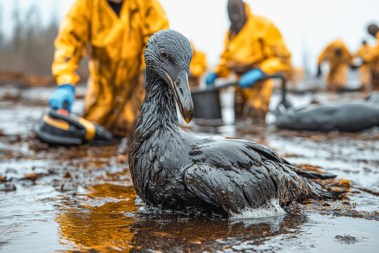 Environmental volunteers cleaning oil spill from polluted beach and wildlife conservation efforts