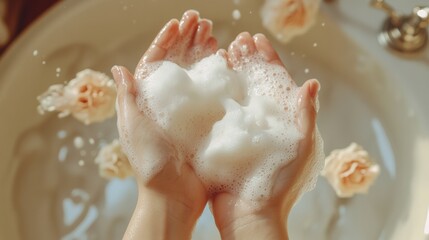 Fototapeta premium A close-up of hands holding soft, foamy soap over a sink with delicate flowers floating in the background, showcasing a gentle and clean aesthetic 