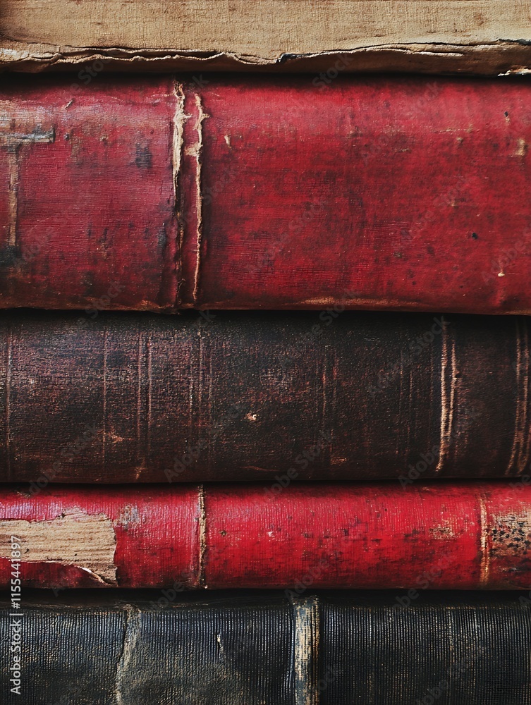 Poster stack of vintage leather bound books with textured covers for classic library : generative ai