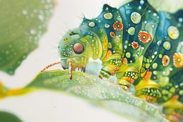 Brightly colored caterpillar crawling on a leaf in a lush environment during daylight hours in a tropical region