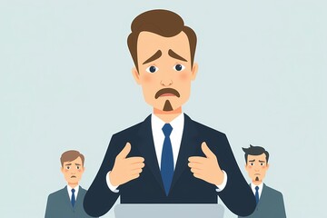 Nervous Presentation: A businessman stands at a podium, his face etched with worry, as he delivers a presentation to a group of colleagues.