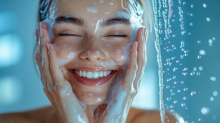 A smiling woman washing her face under shower spray, illuminated by golden light