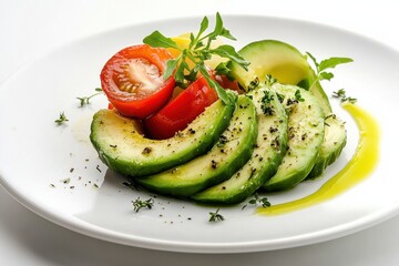 Sliced avocado and cherry tomatoes served with arugula and olive oil dressing on a white plate, garnished with fresh herbs.