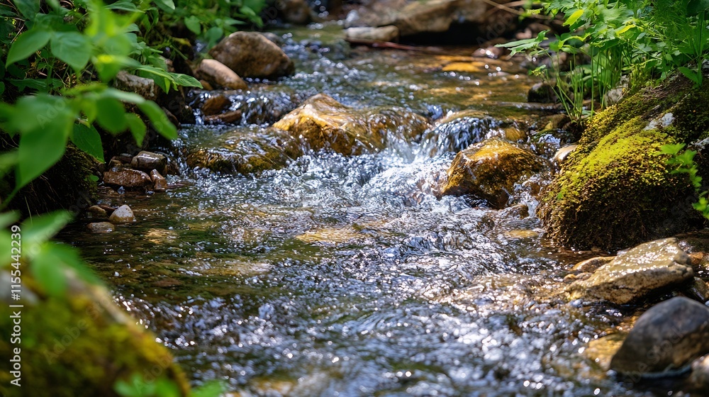 Poster crystal clear stream flowing over mosscovered rocks in lush greenery : generative ai