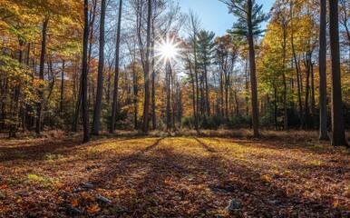 Sunlight Filters Through Vibrant Autumn Forest Creating Warm Golden Hues on Leaves and Ground with Tall Trees Casting Long Shadows in Serene Landscape