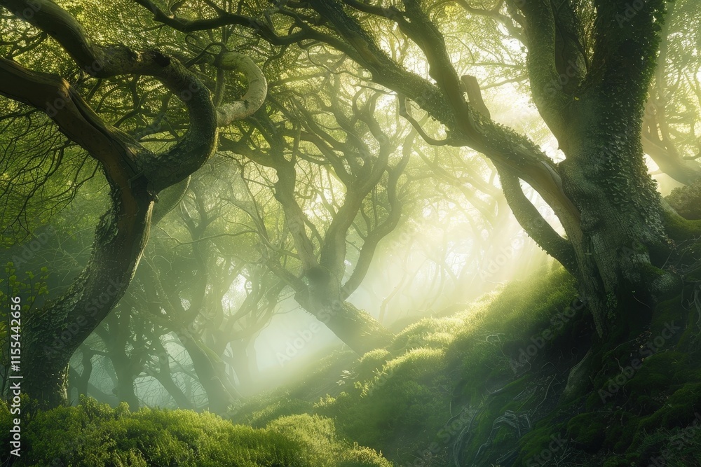 Aufkleber mysterious forest pathway illuminated by gentle sunlight filtering through lush trees and vibrant fo