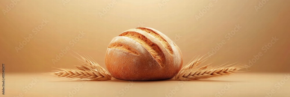 Poster minimalist bread loaf with wheat grains on a warm background for creative design and text placement.