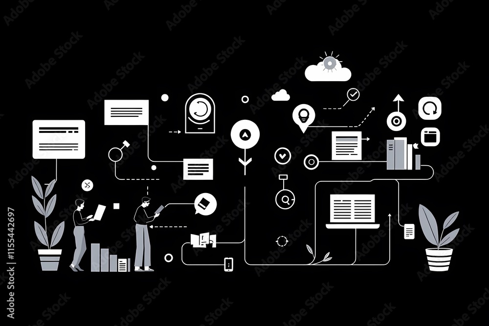 Aufkleber content creation workflow: a minimalist illustration depicting the interconnected process of content