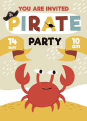 Pirate party invitation, birthday.A card for a children's party.Pirate ship, skull, crab, treasure chest. Cartoon Flat illustrations