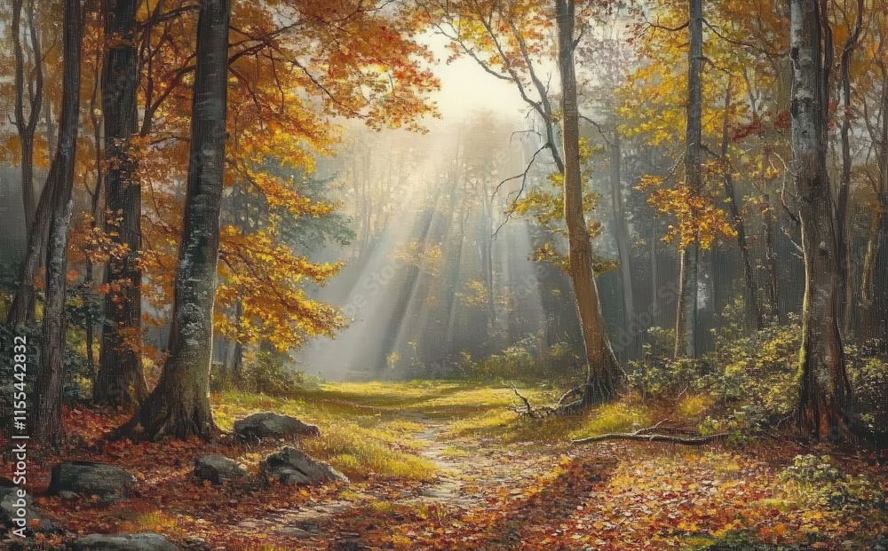 Aufkleber tranquil autumn forest scene with sunrays illuminating a serene pathway through colorful leaves and 