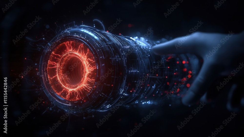 Poster a hand is pointing at a glowing red object