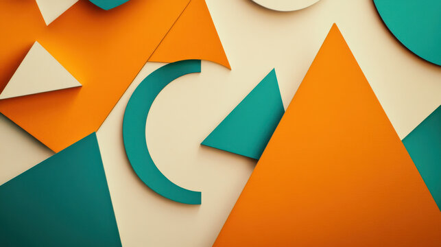A dynamic layout of interlocking triangular and circular forms, vivid orange and deep teal hues, perfect white background with absolute clarity