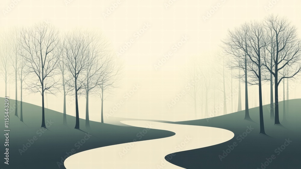 Poster Winding path through a serene minimalist forest scene in soft colors and smooth lines. Generative AI