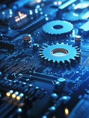 Pattern of Gears on Circuit Board Showing Integration of Mechanical and Technological Systems : Generative AI